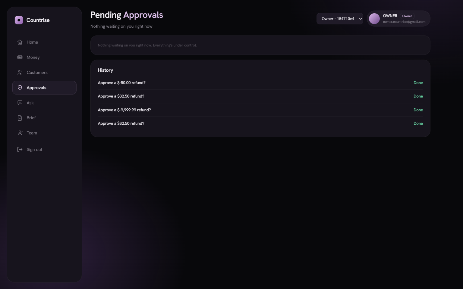 The CountRise Pending Approvals screen showing a history of approved actions.