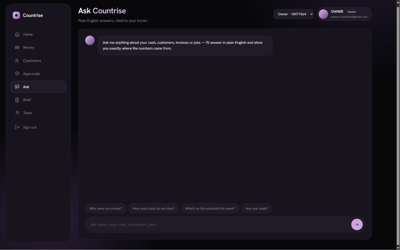 The Ask CountRise screen: a plain-English question-and-answer interface with suggested prompts.