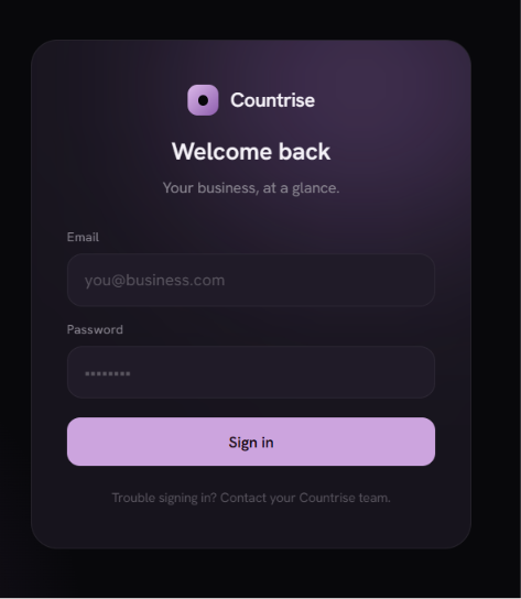 The CountRise sign-in screen: an email and password field on a dark, editorial login card.